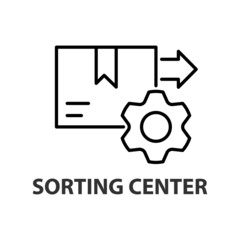 Sorting center linear icon. Black simple illustration of package with gear and arrow. Outline isolated vector pictogram on white background