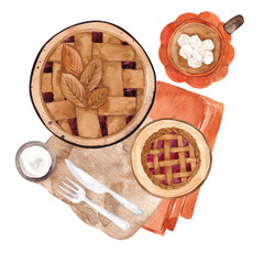 Watercolor illustration with fall pie, bakery and hot drinks, isolated on white background