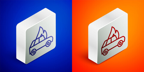 Isometric line Burning car icon isolated on blue and orange background. Car on fire. Broken auto covered with fire and smoke. Silver square button. Vector