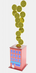 3D render saving store. Saving money store. Store business. money invest. Building invest. money income.coin stack.