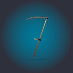 A scythe for manual mowing of grass on a colored background.