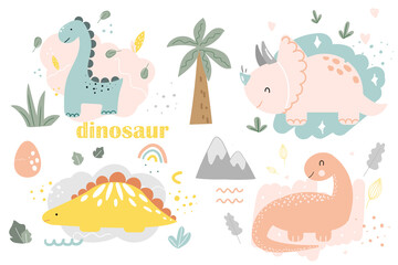 Set of cute dinosaurs with palm tree, egg, mountan, heart, leaf for fabric, textile, card, sticker, print in hand drawn doodle style