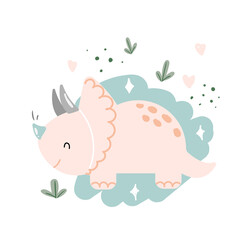 Vector illustration card with cute dinosaurs and leaf for fabric, textile, card, sticker, print in hand drawn doodle style