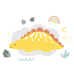 Vector illustration card with cute dinosaurs and leaf for fabric, textile, card, sticker, print in hand drawn doodle style