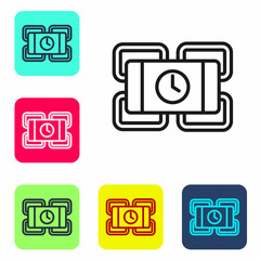 Black line Detonate dynamite bomb stick and timer clock icon isolated on white background. Time bomb - explosion danger concept. Set icons in color square buttons. Vector