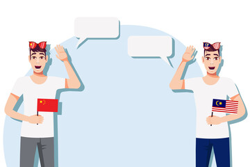 The concept of international communication, sports, education, business between China and Malaysia. Men with Chinese and Malaysian flags. Vector illustration.