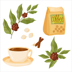 Coffee. A set of items for the preparation of nipitkov in the Coffee House. Decor element. Vector illustration isolated on white background.