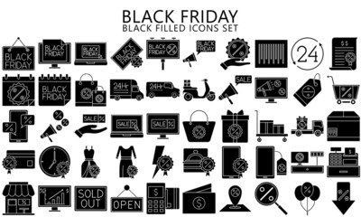 Fototapeta na wymiar Black Friday solid Icon set isolated on a white background. store, discount, sales, marketing, shopping symbols for mobile apps, UI or UX kit and applications, EPS 10 ready convert to SVG