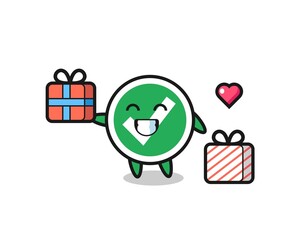 check mark mascot cartoon giving the gift