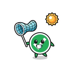 check mark mascot illustration is catching butterfly