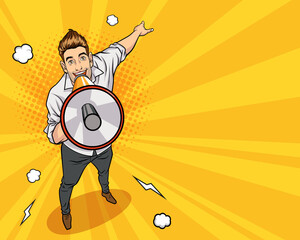 Business man screaming announce with megaphone