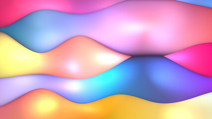Abstract 3D background. Squishy horizontal waves. Cyan, blue, purple, pink, red, orange, yellow, white.