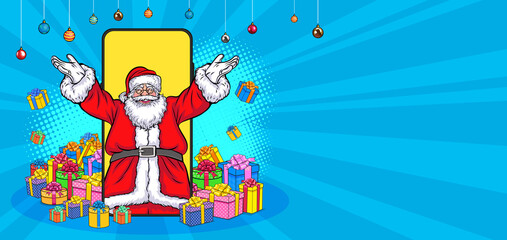 happy santa claus and mobile phone with gift boxes