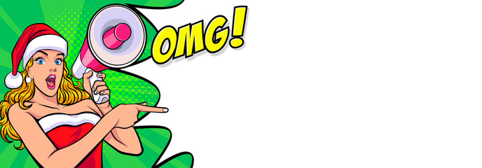 Santa girl say OMG and pointing hand with megaphone