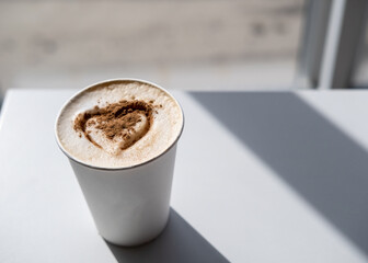 Cappuccino with cinnamon and a painted heart on lush foam, in the rays of the sun. Invigorating, aromatic morning drink. Copy space. 