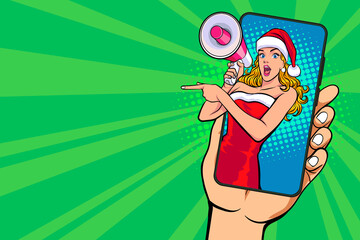 Santa woman holding megaphone on smart phone