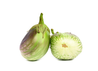 two green ripe eggplants isolated on white background, healthy and tasty vegetable