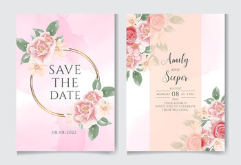 Elegant watercolor wedding card with beautiful floral and leaves template