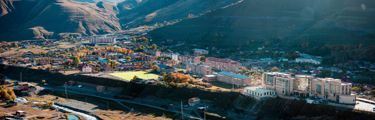 Fiagdon Russia, October 2020: Panorama of the mountain village of Upper Fiagdon