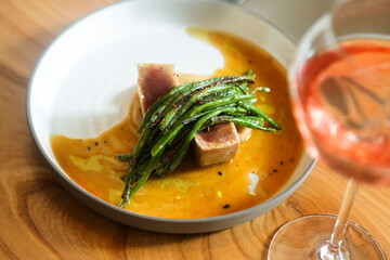 Healthy tuna with young asparagus