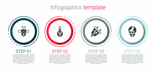 Set Industry pipe and valve, Meteorology thermometer, Radiation electrical plug and Planet earth radiation. Business infographic template. Vector