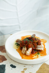 Roasted shrimps with vegetable ragout