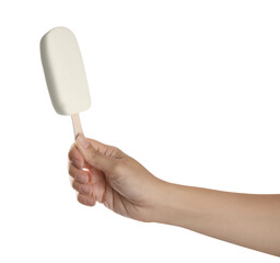 Woman holding ice cream with glaze on white background, closeup