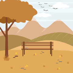 Panoramic landscape in autumn with a lonely bench. Two glasses of coffee on the bench. Birds flying away to warm lands. Mountains in the distance in autumn.