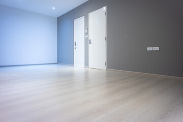 Closed wooden door inside empty room at perspective view. Entrance of room inside house building. Include wooden floor or laminate, white gray wall. New clean surface of wooden texture look modern.