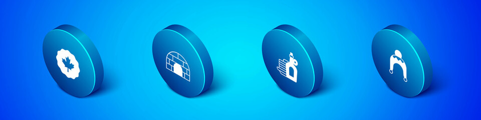 Set Isometric Canadian maple leaf, Syrup with pancakes, Winter hat and Igloo ice house icon. Vector