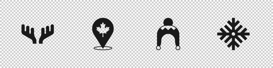 Set Deer antlers, Canadian maple leaf, Winter hat and Snowflake icon. Vector