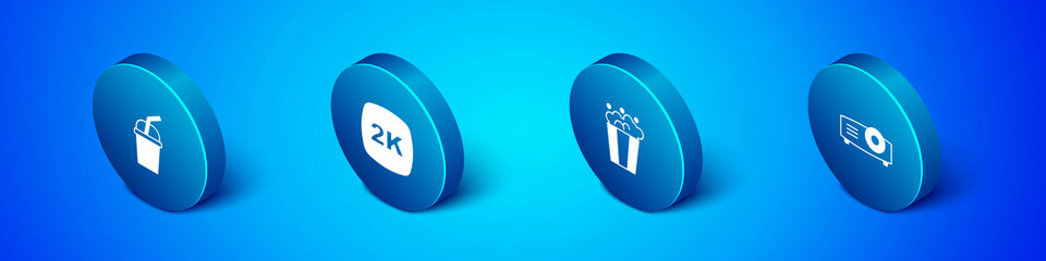 Set Isometric Paper glass with water, Popcorn in cardboard box, Movie, film, media projector and 2k Ultra HD icon. Vector