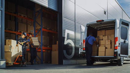 Outside of Logistics Distributions Warehouse With Manager Using Tablet Computer, Diverse Workers...