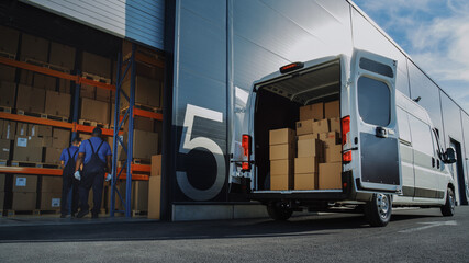 Outside of Logistics Distributions Warehouse: Two Workers Load Delivery Truck with Cardboard Boxes, Drive Off to Deliver Online Orders, Purchases, E-Commerce Goods. - obrazy, fototapety, plakaty