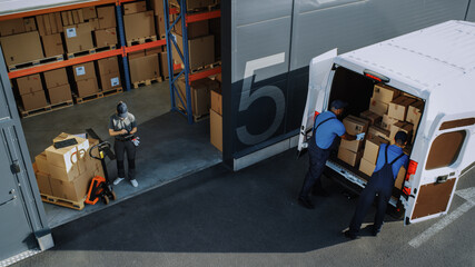 Outside of Logistics Distributions Warehouse: Diverse Team of Workers Inventory and use Hand Pallet...