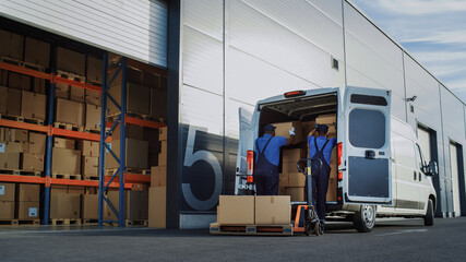 Outside of Logistics Distributions Warehouse: Diverse Team of Workers use Hand Pallet Truck Start Loading Delivery Truck with Cardboard Boxes, Online Orders, Purchases, E-Commerce Goods. - obrazy, fototapety, plakaty