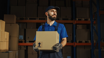 Portrait of Handsome Latin Male Worker Holding Cardboard Box Standing in Warehouse full Goods....