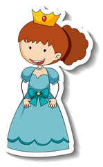 Sticker template with a little princess cartoon character isolated