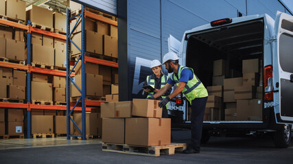 Outside of Retailer Distributions Warehouse With Inventory Manager Using Tablet Computer, talking...