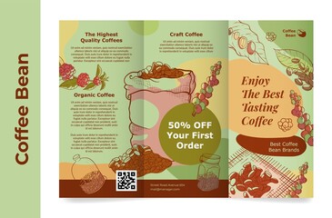 Coffee bean booklet template vector engraved illustration. Professional trifold for cafe restaurant
