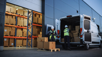 Outside of Retailer Distributions Warehouse With Inventory Manager Using Tablet Computer, talking to Worker Loading Delivery Truck with Cardboard Boxes. Online Orders, Purchases, E-Commerce Goods