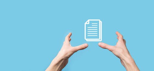 Male hand holding a document icon on blue background. Document Management Data System Business...