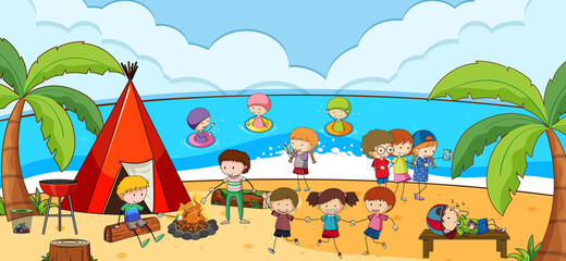 Obraz na płótnie Canvas Beach outdoor scene with many kids camping at the beach