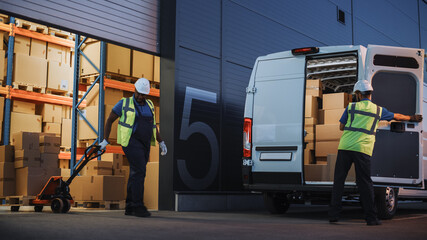 Logistics Warehouse Two Happy Workers Talk, Joke use Hand Pallet Truck Start Loading Delivery Truck...