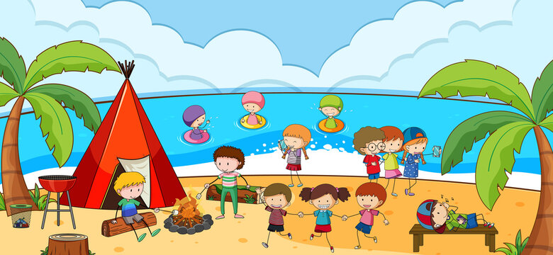 Beach outdoor scene with many kids camping at the beach