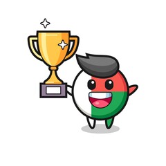 Cartoon Illustration of madagascar flag badge is happy holding up the golden trophy