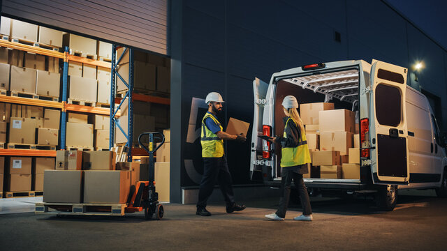 Outside of Logistics Retailer Warehouse With Female Manager Using Tablet Computer, Worker Loading Delivery Truck with Cardboard Boxes. Online Orders, Purchases, E-Commerce Goods, Supply.