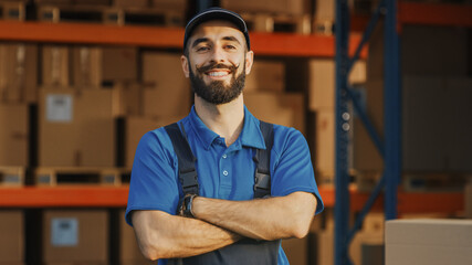 Portrait of Handsome Latin Male Worker with Crossed Arms Standing Outside of Warehouse Smiling,...