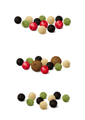 Three, four and five peppercorn medley mixes (green, black, pink (Peruvian or Brazilian), white and Jamaican allspice). Realistic vector illustration. Side view.