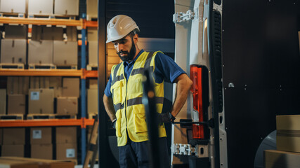 Handsome Latin Male Worker Loads Cardboard Boxes into Delivery Truck. Delivering Online Orders, E-Commerce Goods, Food, Medicine Supply. Tired Frontline Hero Doing Job.
